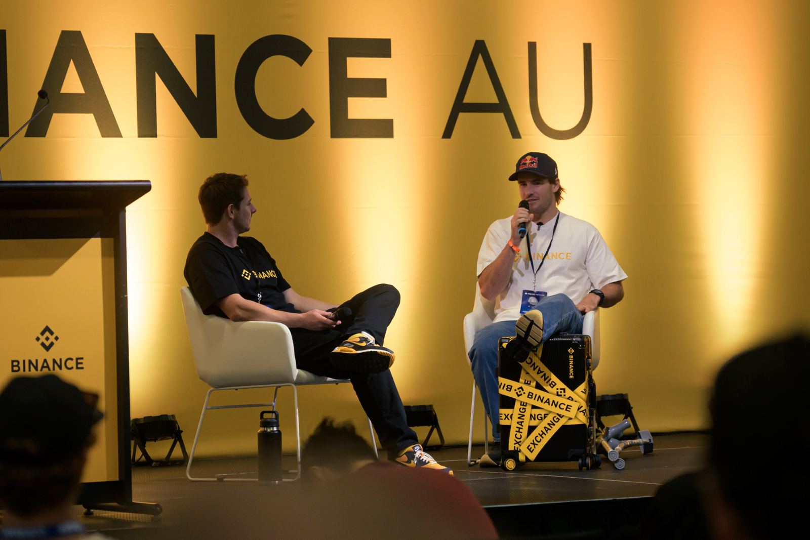 Liam on stage with Olympic surfer Jack Robinson at the Binance AU stage